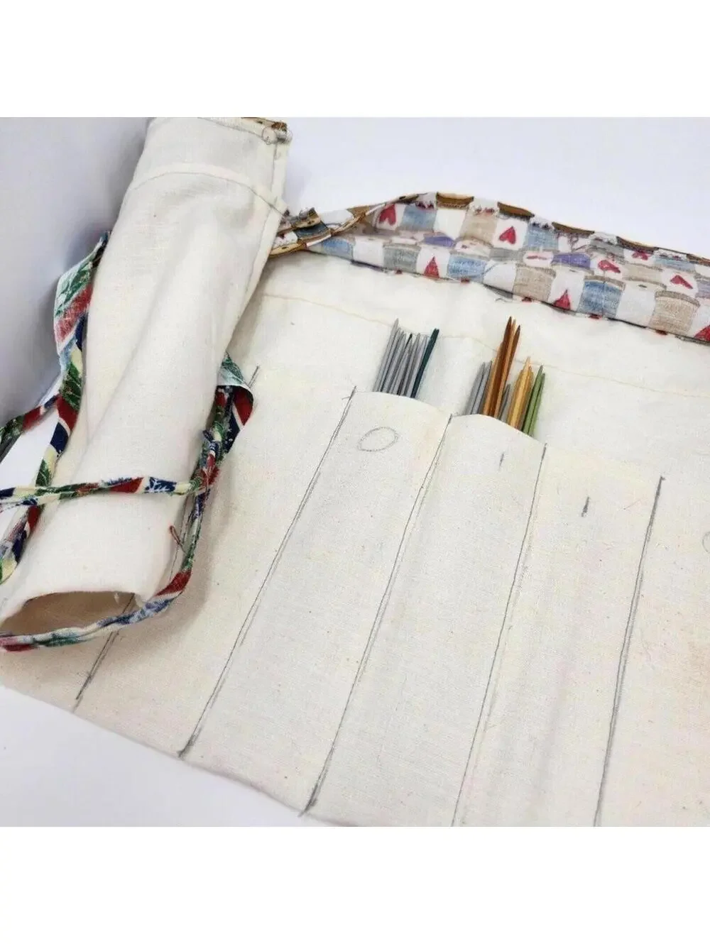 Handmade Canvas Knitting Needle Roll Case Organizer Floral Fabric Tie Closure